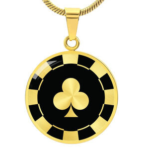 Clubs Poker Chip Gambler Circle Pendant Necklace Stainless Steel 24 Inch Chain